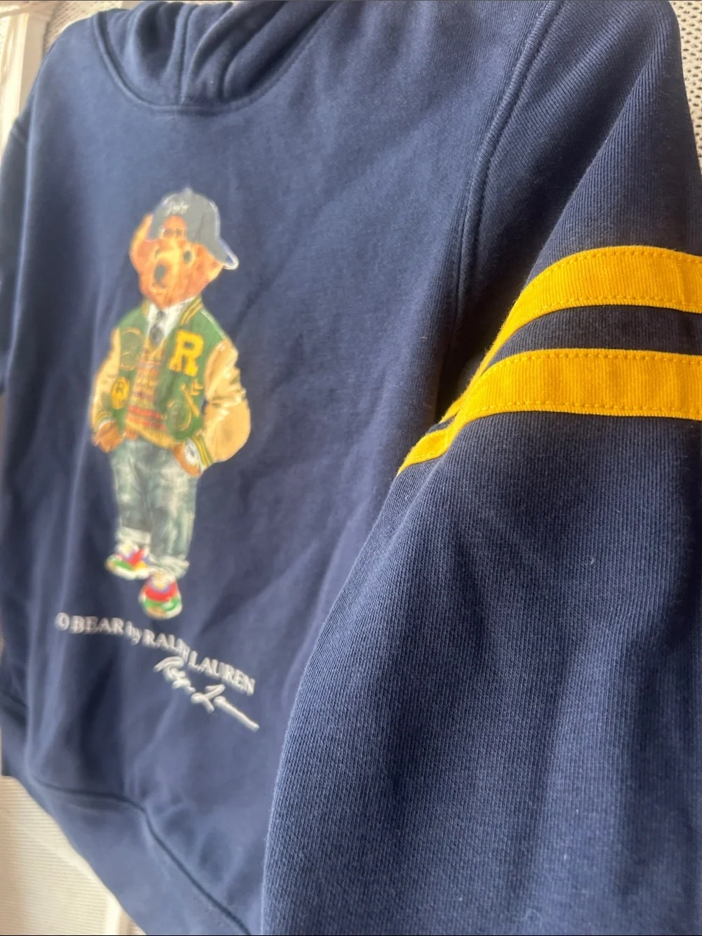 Ralph Lauren Navy Polo Bear Hoodie with Yellow Sleeve Stripes